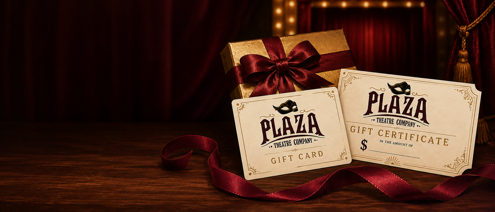 A Plaza Theatre gift box, gift card, and gift certificate